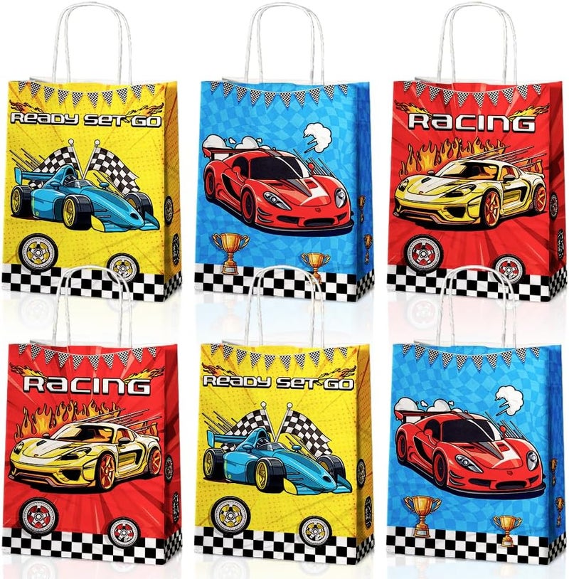 JOYGATHER 24 Pcs Racing Car Party Favor Bags with Handles - Race Car Goodie Bags Gift Bags. Checkered Two Fast Theme Candy Bags for Kids, Kraft Paper Bags for Birthday Party Supplies Decorations - Image 1
